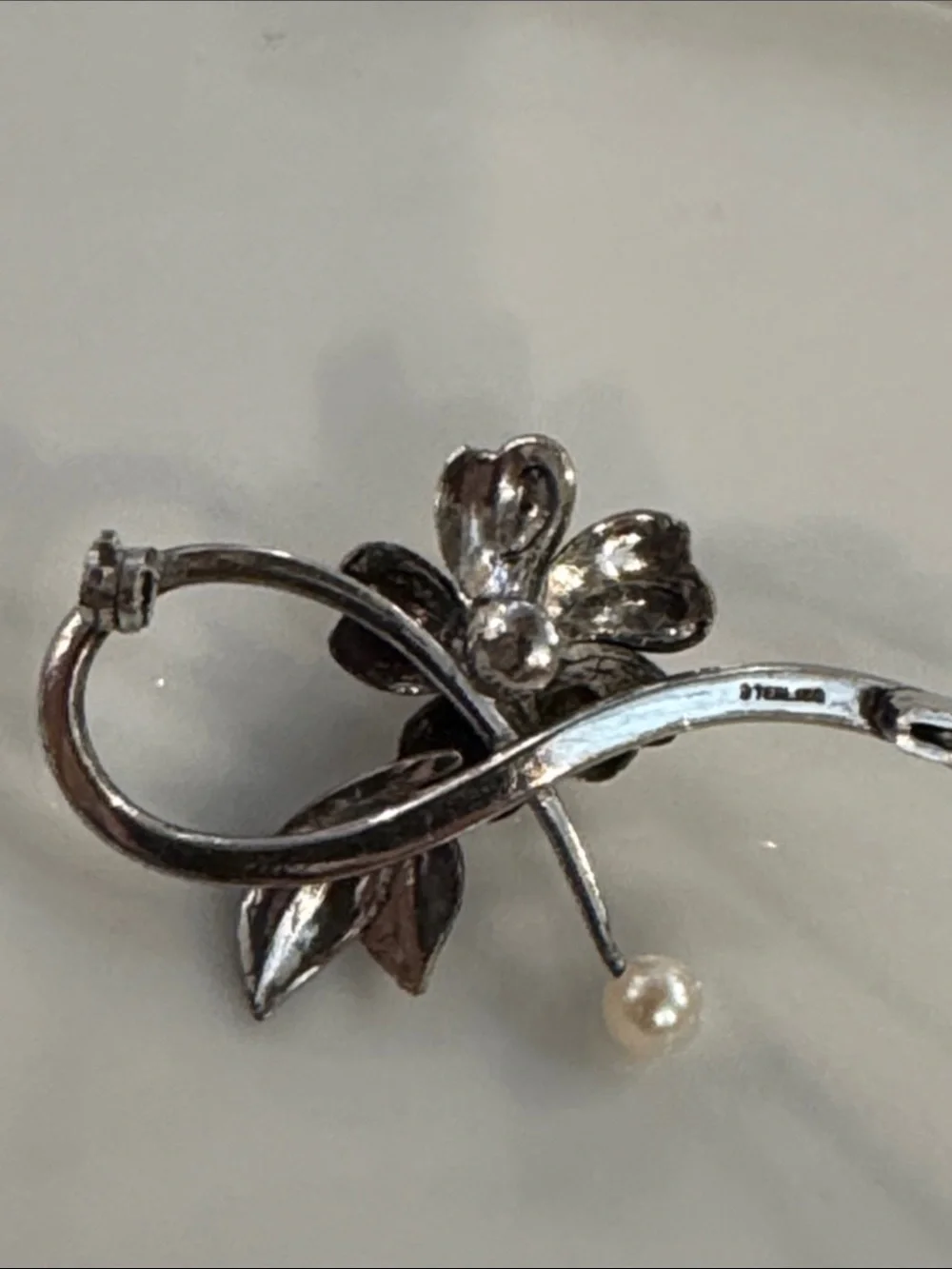 Sterling Silver Floral Pearl Accents Brooch Pin